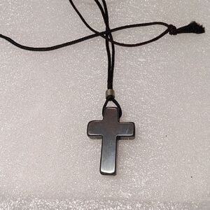 Men's Hematite Cross Pendant Necklace on Black Cord